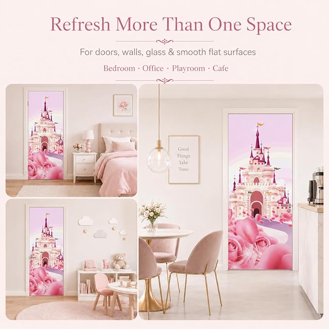 Door Stickers Peel Stick Murals-Wall Cover Decorative Decal Pink Castle | 30.3"W x 78.7"H, 3D Pink Castle Wallpaper，Waterproof Removable Opaque Vinyl Self Adhesive Fake Door Decor for Home Office - Image 7
