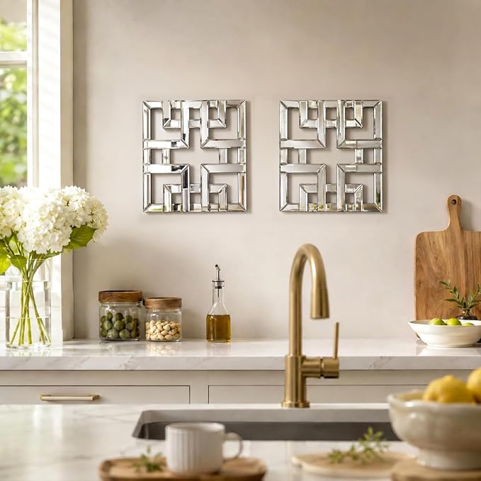 Square Decorative Wall Mirror 12 x 12 Inch, Silver Frameless Mirror Wall Decor with Beveled Edge, Modern Wall Mounted Accent Mirror for Living Room, Bedroom, Hallway, Set of 2 - Image 4