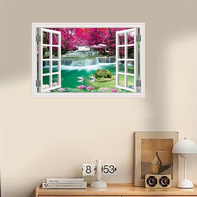 ‌Lmyhome Fake Window Wall Mural Waterfall (64"x48") | Peel and Stick Faux Window Wall Sticker Decal Poster for Bedroom Home Decor - Image 7