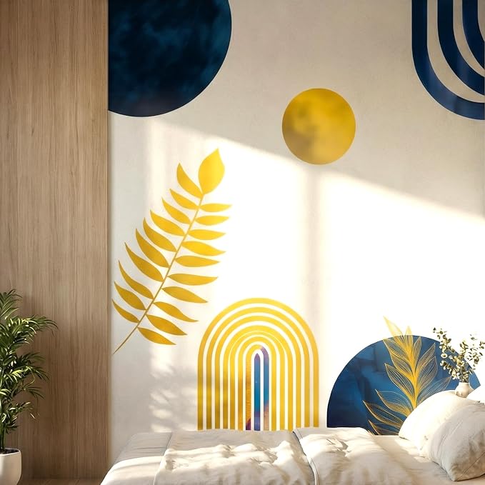 Boho Mid-Centry Morden Abstract Arch Palm Leaf Geometric Wall Decals Decor | Luxury navy blue gold abstract palm leaves botanical circle removable vinyl wall stickers mural for living room bedroom - Image 4