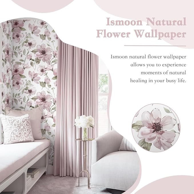 Ismoon 17.3''x78.7''Peel and Stick Wallpaper Boho Floral Contact Paper Pink Watercolor Flowers Leaf Wallpaper Removable Self-Adhesive Wall Paper for Bedroom Renter Friendly Vinyl - Image 4