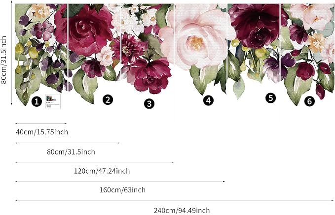 Large Peel and Stick Floral Bouquet Wall Decals Flowers Wall Stickers for Living Room Bedroom Accent Wall Decor, Burgendy Pink Rose Garden - Image 2