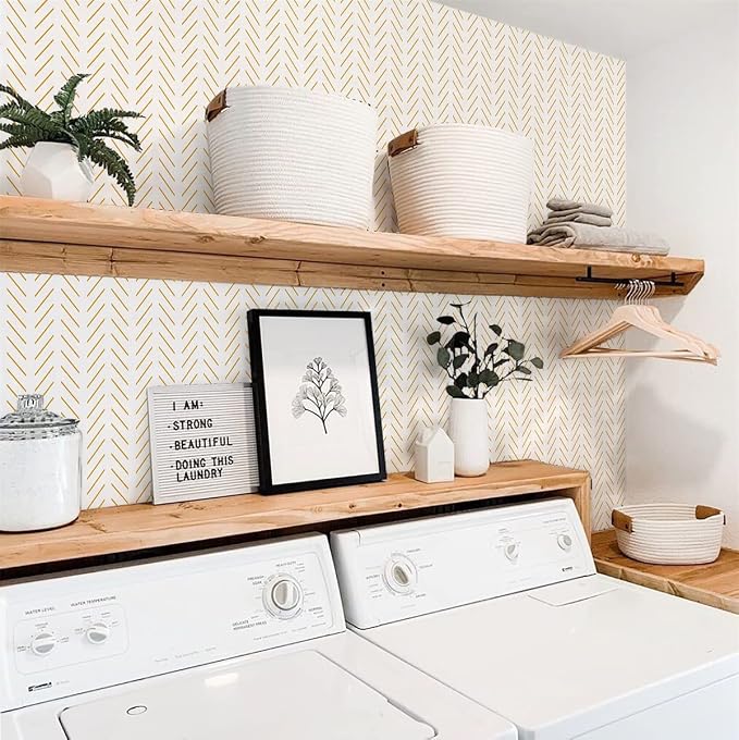 Orainege Peel and Stick Wallpaper Yellow and White Contact Paper | 17.7 in x393.7 in Herringbone Geometric Wall Paper Peel and Stick Modern Lines Decorative Self Adhesive Wallpaper for Bedroom - Image 4
