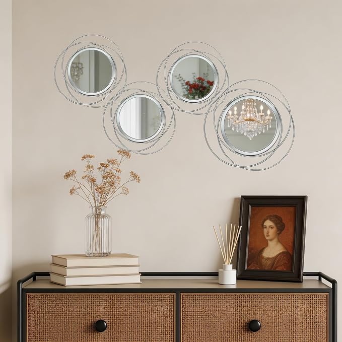 4 Piece Gold Round Wall Mirror Set Modern Metal Circles for Home Decor - Image 2