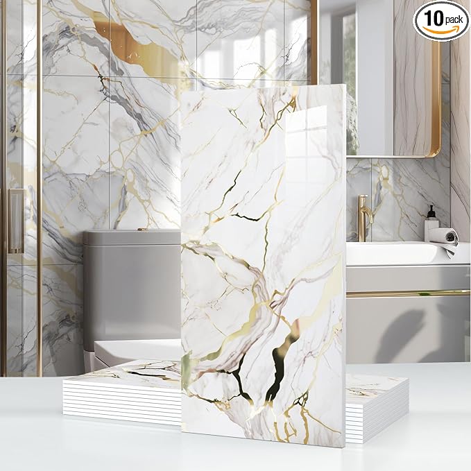10pcs Thick Marble Peel and Stick Waterproof Wall Panels,Heat-Resistant Backsplash Tile, 23.6"x11.8" PVC Foam Wall Sticker for Kitchen,Living Rooms,TV Walls,White and Gold (Not Real Tile 19.4Sq. Ft.) by Chejiaye