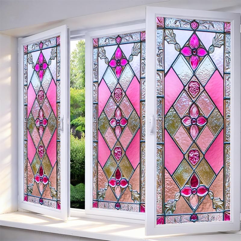 IVN Stained Glass Window Film Rose Floral 17.7x39.3 in Window Privacy Film by IVN