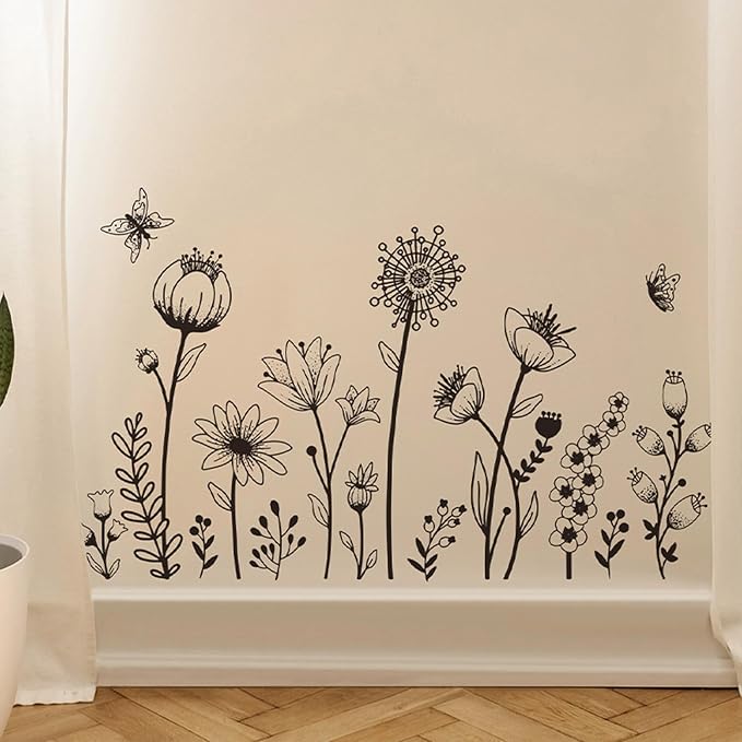 Black Boho Wall Decal Simple Sketch Flower Wall Stickers, Floral Wildflower Sticker Dandelion Peel Stick Wall Art Decor Bedroom Home Room Office Garden Hall Adult Gifts for Mom - Image 4