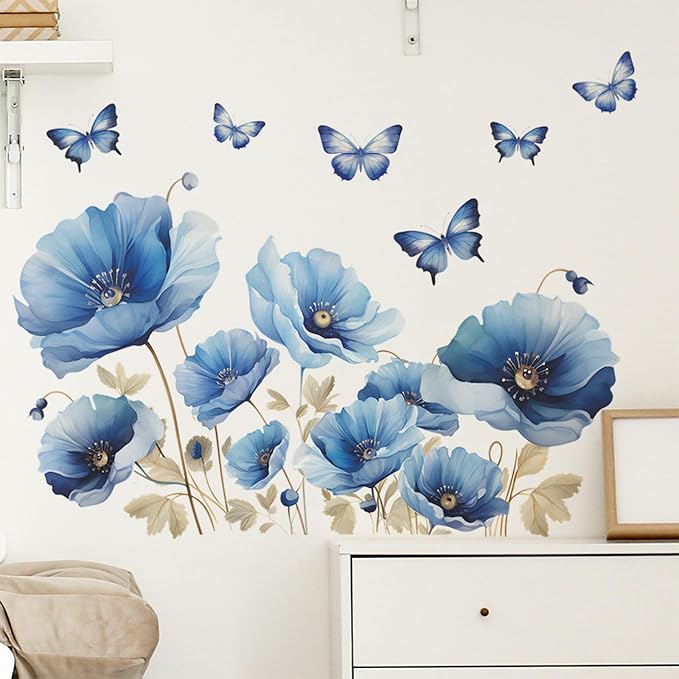 TUOKING Blue Flowers Wall Stickers Removable Butterfly Wall Murals | Peel and Stick Wall Art Decal Home Decor for Kitchen,Bedroom,Living Room(fun-c13) by TUOKING