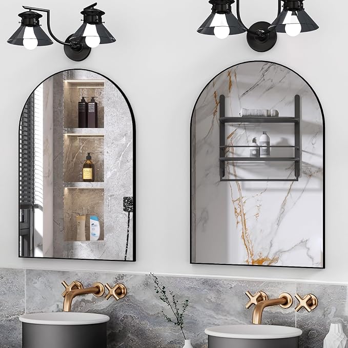 Wall Mounted Mirror, Arched Wall Mirror for Bathroom, 2 Pieces 24"x36" Arch Bathroom Mirror with Metal Frame, Black Vanity Mirror Decor for Mantle, Bedroom, Entryway, Living Room - Image 2