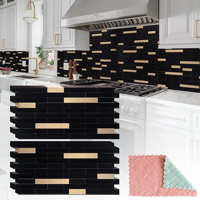 StyloVue 20 Sheets Peel and Stick Tile Backsplash, Black with Metal Gold Look Stick on Tile Upgrade Your Kitchen Backsplash, RV, Fireplace by StyloVue
