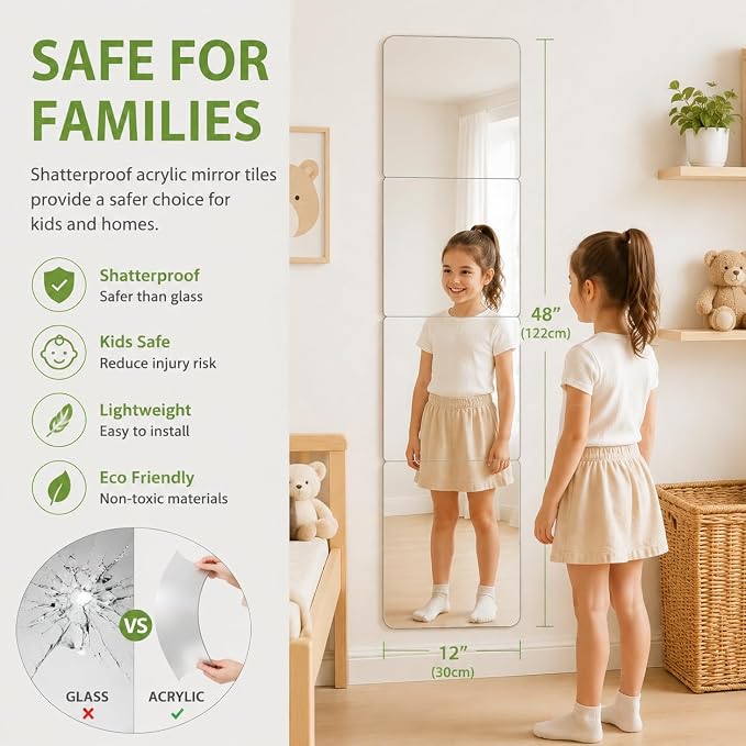 Shatterproof Acrylic Mirror Tiles, Kids Safe Wall Mirror, 4 Pack - Image 2
