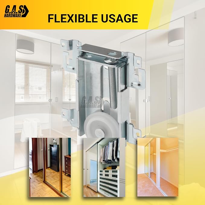 G.A.S. Hardware Steel-Framed Mirror Bottom Closet Door Roller Assembly Convex 1-7/16" Wheels | Roller Replacement for Closet Mirror Wardrobe Doors | Nylon Flat Roller Wheels (2 Pack) - Image 5