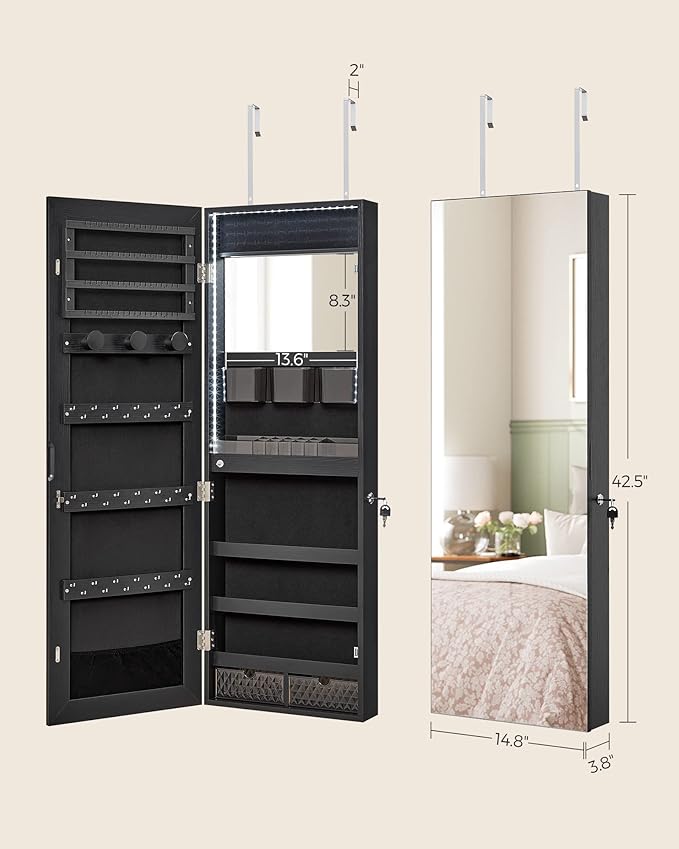 SONGMICS Mirror Jewelry Cabinet Armoire, Wall or Door Mounted, Lockable - Image 7