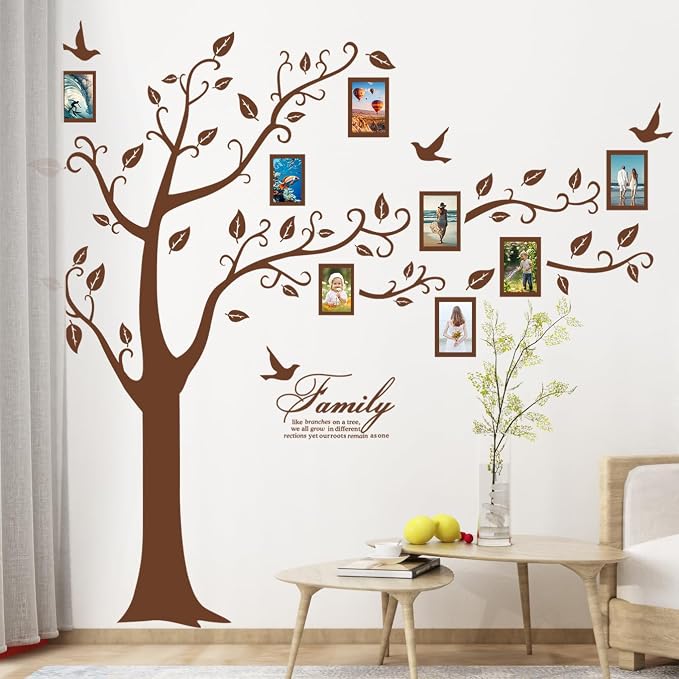 Large Family Photo Tree Wall Sticker 3D Peel and Stick Vinyl Photo Frame Tree Wall Decals Removable Quotes Leaf and Birds Wall Decor for Home Kids Bedroom Living Room Classroom Nursery (Right, Brown) by AMAMAONM