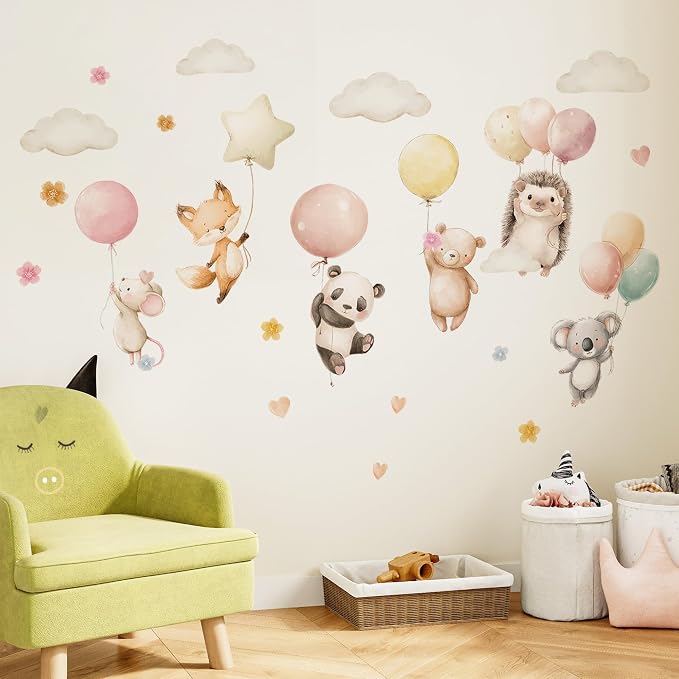 Watercolor Jungle Animal Wall Decal, Removable Nursery Woodland Animals,Cloud,Stars,Balloon Wall Stickers for Kids Boys and Girls Room, Bedroom & Toddler Room Decor (Balloon Animal Decals 85) - Image 5