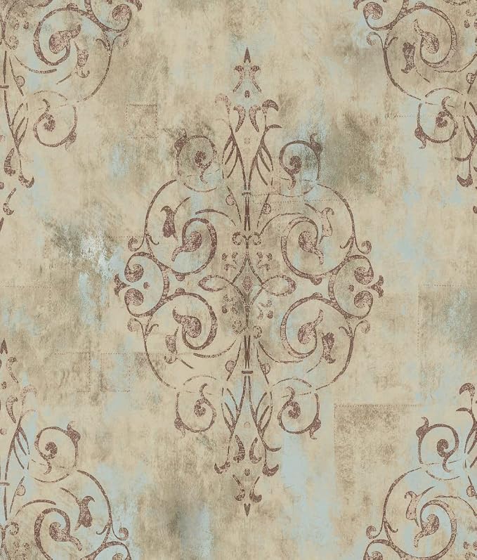 HAOKHOME Vintage Damask Peel and Stick Wallpaper for Bedroom 17.3in x32.8ft | Textured Removable Self Adhesive Wall Paper French Country Victorian Traditional Farmhouse Elegant Mist Blue Brown Bathroom by HAOKHOME