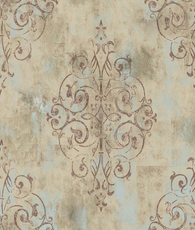 HAOKHOME Vintage Wallpaper Peel and Stick French Country Victorian Damask | Textured Removable Retro Wall Paper Waterproof Mist Blue Brown Traditional Farmhouse Elegant Bathroom Bedroom 17.3in x 9.8ft by HAOKHOME