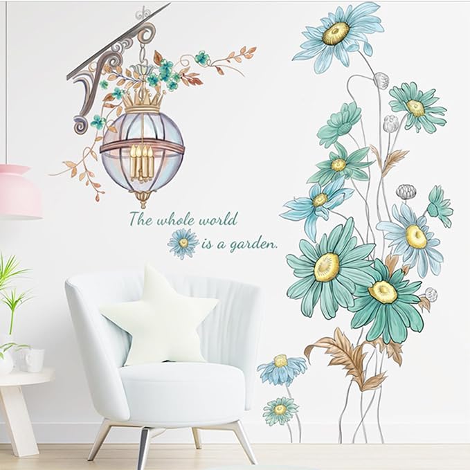 Blue Sunflower Wall Decals Vinyl Stickers, Flower Butterfly Decal Art Murals, Flower Pattern Self-Adhesive Wall Stickers for Girls Bedroom Living Room Nursery Decor - Image 3