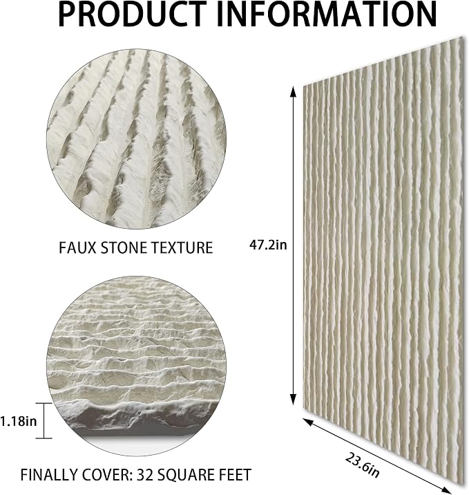 KASARO 3D Faux Stone PU Wall Panels, 3 Pack Flowstone White | Lightweight PU wainscoting panels with natural texture for accent walls, home & office decor, easy install, 47.2" x 23.6" - Image 4
