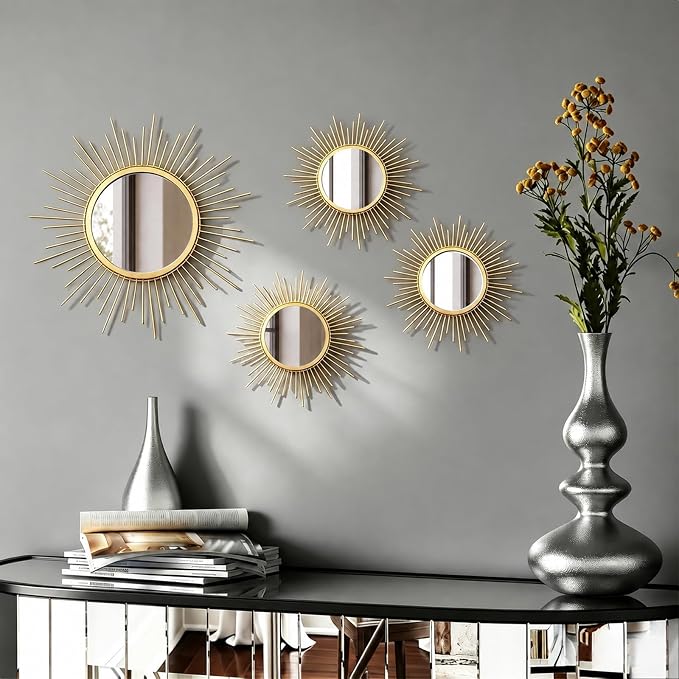 4 Pieces Gold Sunburst Wall Mirror Set Modern Metal Circles for Home Decor by sxnzequnze