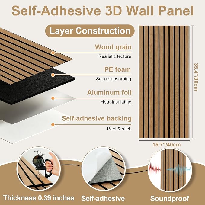 Safiyya 3-Piece 3D Thick Wood Slat Wall Panels for Interior Wall Decor 15.7 "x35.4", Self-Adhesive Acoustic Wall Panels for Stylish Decor and Noise Reduction, Oak - Image 5