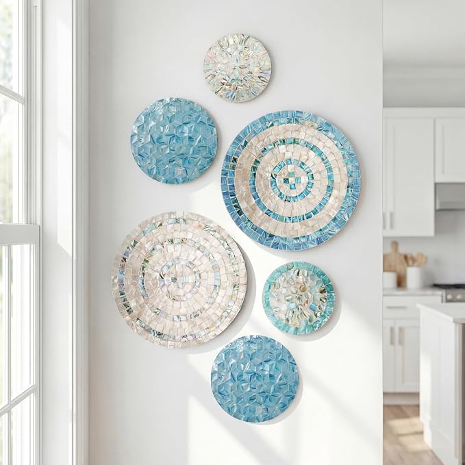 Novabright 6 Pcs Shell Wall Decor 11.8 Inches Natural Mother of Pearl Shell Plate Coastal Wall Art Mosaic Sculpture Handmade Hanging Plates Arts for Bedroom Bathroom Home Office Hotel - Image 5