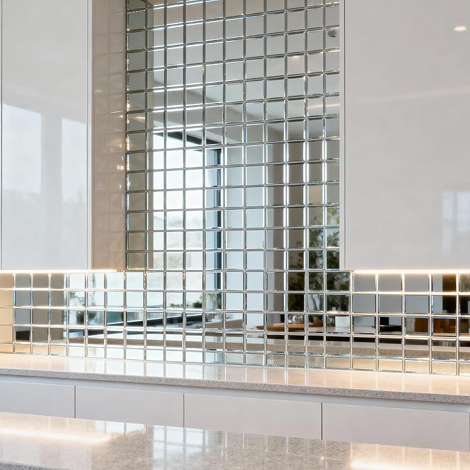 Peel and Stick Mirror Tile 3 x 3 Inch Beveled Square Silver Mirror Glass Tiles for Kitchen Backsplash Bathroom Wall（32 Pcs） - Image 7