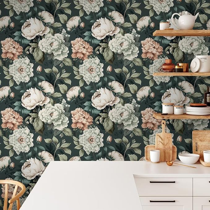 Dark Green White Peonies Vintage Floral Peel and Stick Wallpaper Wall Decor Self Adhesive Wall Paper Stick on Easy Peel Off Contact for Renter Apartment - Image 6