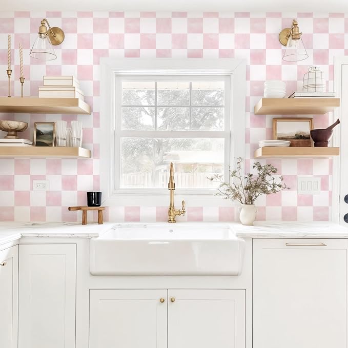 Ismoon Modern Peel and Stick Wallpaper Pink Mosaic Checkered Contact Paper Removale Self-Adhesive Stick on Wallpaper for Bedroom Bathroom Shlef Cabinet Décor 17.3in x 49.21ft - Image 6