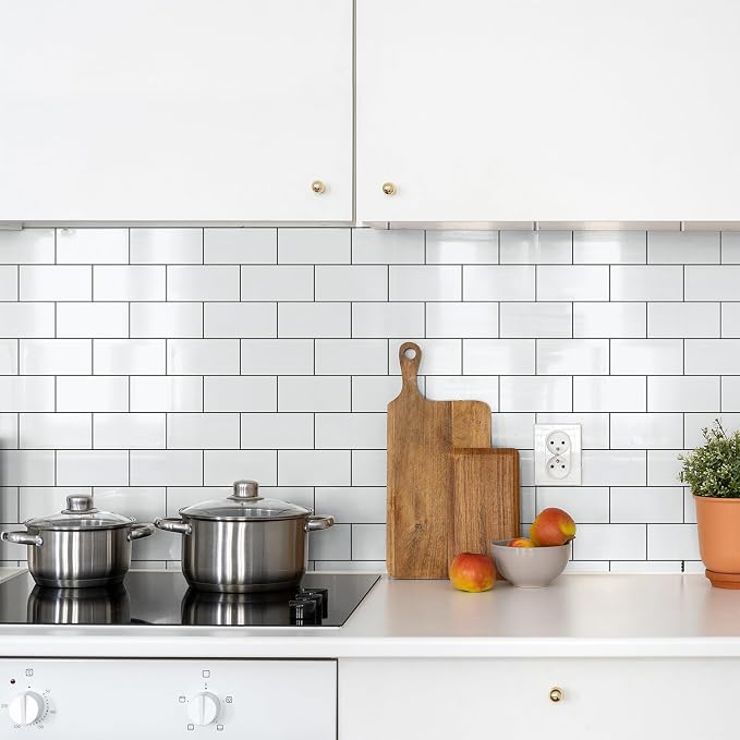StyloVue Peel and Stick Backsplash for Kitchen, 3" x 6" PVC Subway Tile Upgraded Backsplash Stick on Tile Elevate Kitchen, Bathroom, Fireplace,RV - 4 Pieces Glossy White with Dark Gray Grout - Image 5