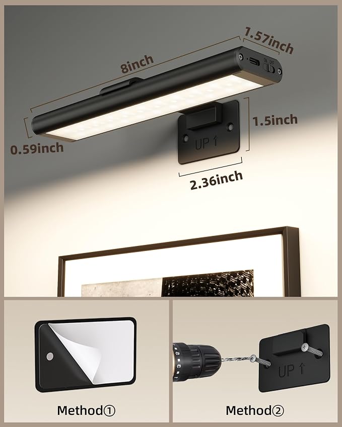 EZVALO RGB Picture Light for Wall, 2400mAh Wireless Rechargeable Color Changing Art Light with Remote, 16 Colors, Dimmable Magnetic LED Display Lights for Painting, Bedroom, Gaming Room (Black-3P) - Image 8
