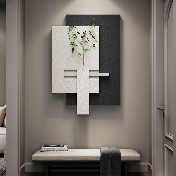 3D Black and White Abstract Wall Art, Modern Minimalist Artwork for Walls | Sandstone Textured Pictures, Layered Panle Design, Faux Plant, Decor for Living Room Bedroom Dining Room Office - Image 6