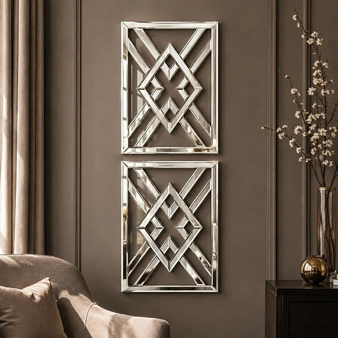 Square Decorative Wall Mirror 13 x 17 Inch, Silver Frameless Mirror Wall Decor with Beveled Edge, Modern Wall Mounted Accent Mirror for Living Room, Bedroom, Hallway, Set of 2 by OPULINEA