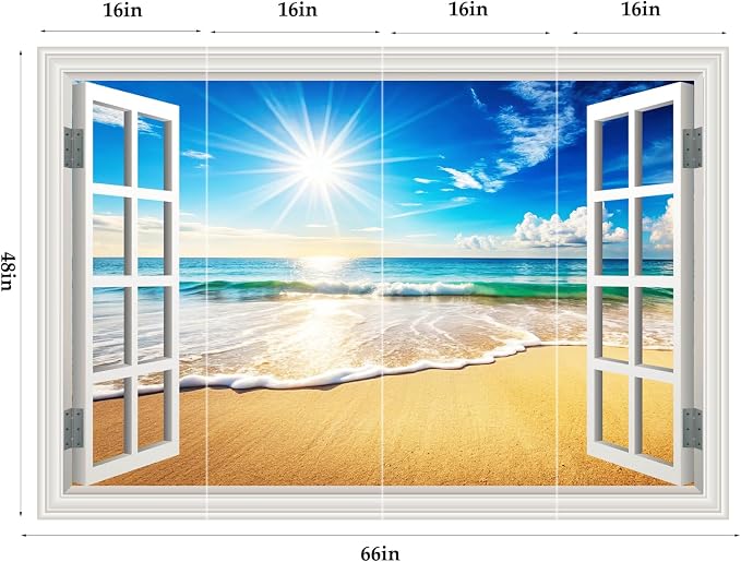 Large Murals 66"x48" Fake Window Wall Mural Sticker Beach Ocean Sea Faux Window Wall Cling Art Picture Office Poster Coastal Decals Decor, Stick and Peel Landscape Natural Scenery Scene - Image 2