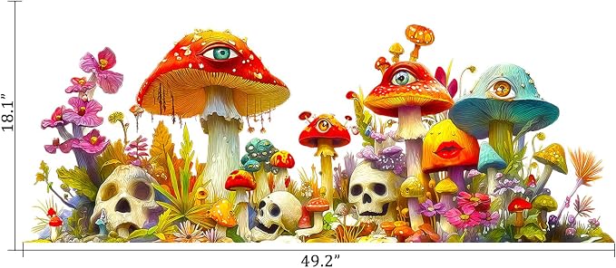 Psychedelic Skull Magic Mushroom Wall Decals, Floral Flower Wall Stickers | Hippie skull peel and stick removable flowers vinyl wall decor mural art for bedroom living room classroom office - Image 2