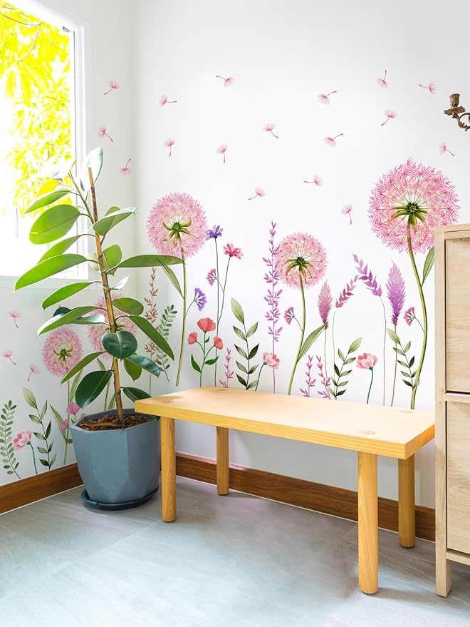 Pink Flower Dandelion Wall Stickers - Wildflower Fluffy Seed Soft Floral Wall Mural Peel & Stick Removable Wall Art Decals for Girl Bedroom Baby Nursery Kid Room,56 cm x 96 cm - Image 4