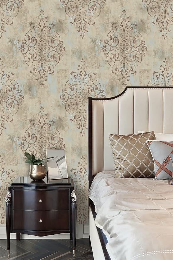 HAOKHOME Vintage Damask Peel and Stick Wallpaper for Bedroom 17.3in x32.8ft | Textured Removable Self Adhesive Wall Paper French Country Victorian Traditional Farmhouse Elegant Mist Blue Brown Bathroom - Image 4