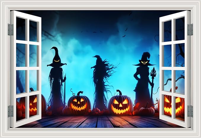 Halloween Fake Window Wall Decals Creepy Three Witches Pumpkin Art Sticker | ｜Faux Window Terror Spooky Ghosts Mural ｜ Stick and Peel Wall Decal｜for Halloween Home Scene Decor｜48"x32",Set of 2 Sheets by Clickhere