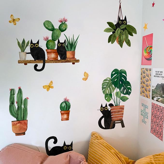 Yovkky Black Cats Potted Plant Wall Decals Stickers | Cartoon Kitty Botanical Bonsai Nursery Playroom Decor, Cactus Kids Bedroom Home Classroom Living Room Kitchen Decorations Art - Image 6