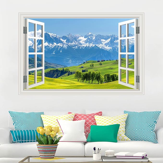 Fake Window Wall Decal- Mountain Forest Green Grassland Open Wall Sticker | Faux Window Natural Scenery Landscape Art Mural｜Stick and Peel Wall Decals｜Room Bedroom Office Scene Picture Decor｜24"x16 - Image 5