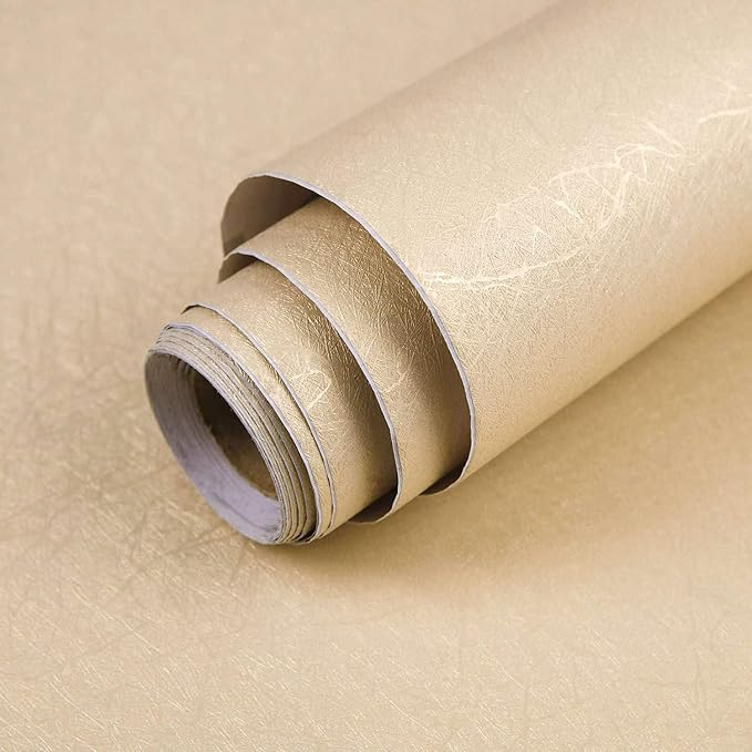 Beige Peel and Stick Self Adhesive Wallpaper Countertop Contact Paper | Gold Removable Embossed Silk Waterproof Bathroom Wallpaper 15.7" X 118" Kitchen Vinyl Wrap for Cabinet Shelf Liner Paper by Abyssaly