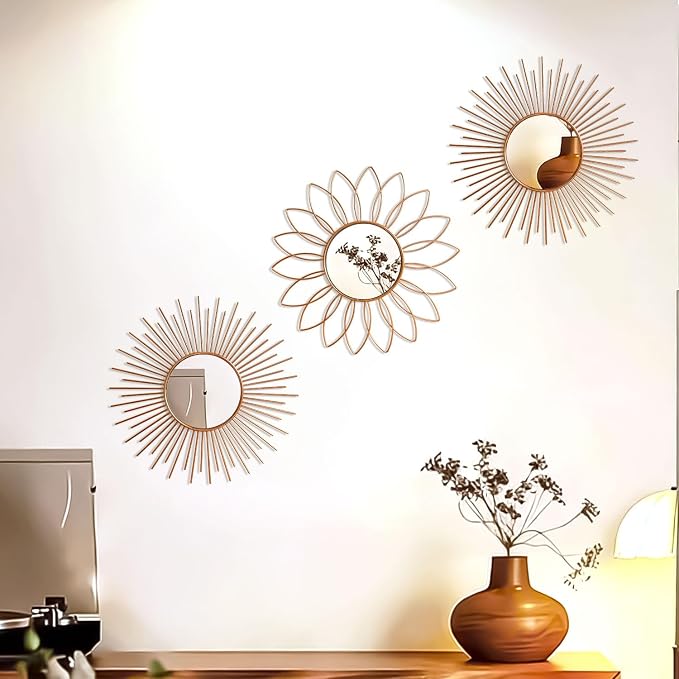 3 Pack Metal Mirrors for Wall Sunburst Wall Mirrors Home Décor Decorative Hanging Wall Art for Living Room Bedroom Entryway (Rose Gold2, Flower+Sunburst) - Image 3