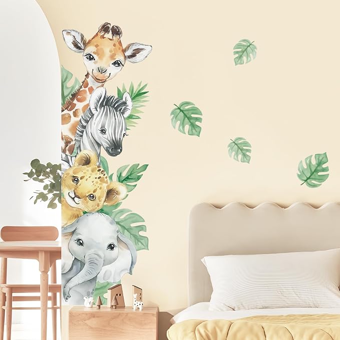 Supzone Jungle Animal Wall Stickers - Cartoon Animal Wall Decals with Giraffe, Zebra, Elephant & Green Leaves - Wall Art Stickers for Kids, Baby Nursery, Bedroom, Playroom & Kindergarten Decor - Image 2