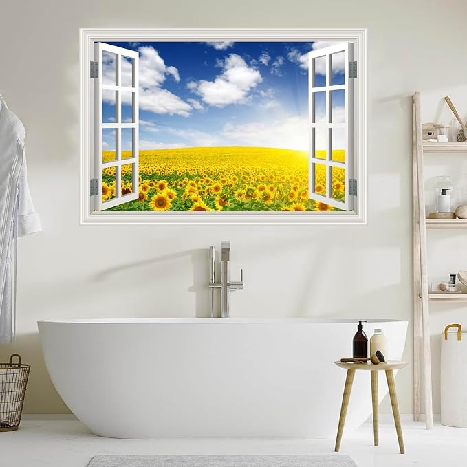 Fake Window Wall Decal- Summer Blooming Sunflowers Open Wall Art Sticker | Faux Window Natural Scenery Landscape Mural ｜ Stick and Peel Wall Decals｜Room Bedroom Office Decor｜48"x32",Set of 2 Sheets - Image 8