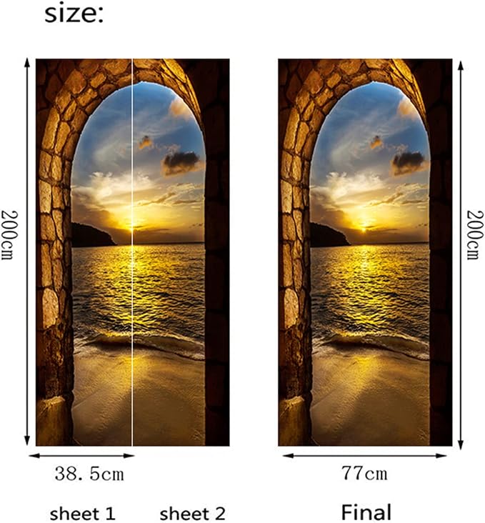 artfanke 3D Door Sticker Peel and Stick 30.3"x78.7"-Self-Adhesive Door Murals Wallpaper - Sunset Beach Arch Ocean Wall Decals Waterproof for Bedroom Decor (2 Sheets/Set) - Image 5
