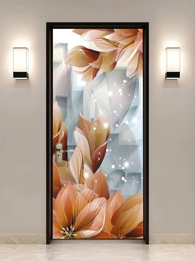 artfanke 3D Peel and Stick Door Sticker 30.3"x78.7"- Self-Adhesive Door Wallpaper Murals Decal Wall Poster Brown Flowers for Home Decor (2 Sheets/Set) by artfanke