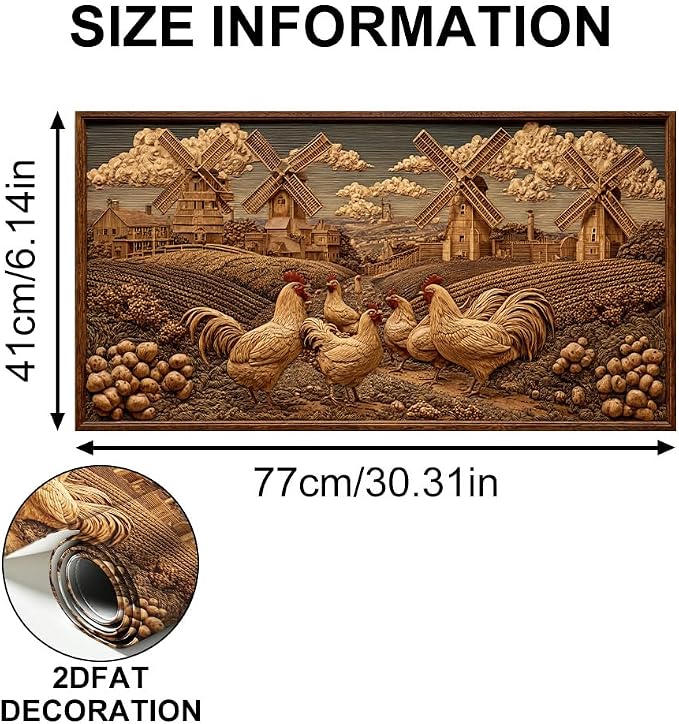 Rooster Windmill Kitchen Backsplash Peel and Stick, 30x16 in | Faux wood-carved rooster and windmill farmscape on warm walnut tones; flat 2D waterproof peel and stick; wipe clean; 30x16 in - Image 6