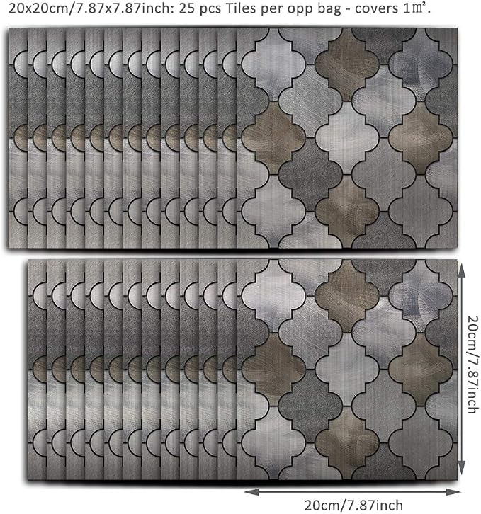 Alwayspon 25 Pcs Brushed Silver Self-Adhesive Peel and Stick Tile Decal, Water-Proof Backsplash Wall Tile Sticker for Kitchen Bathroom Decor, Lantern Mosaic, 8x8inch - Image 5