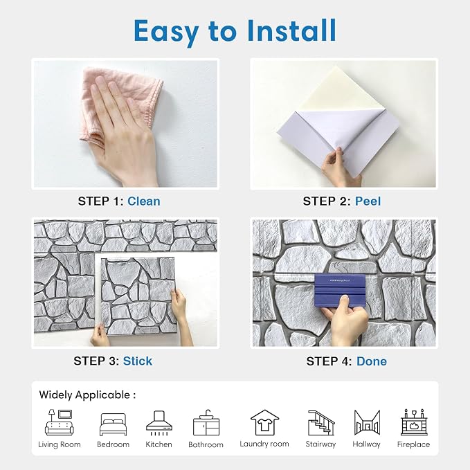 COMSTICKC 3D Faux Stone Wall Panels Peel and Stick, 10 Pcs 11.8" x 11.8" | Gray, Not Real Stone Wallpaper, Fake Stone Decorative Tiles Wall Covering for Quick DIY Wall Upgrades, Cover 9.7 sq ft - Image 9