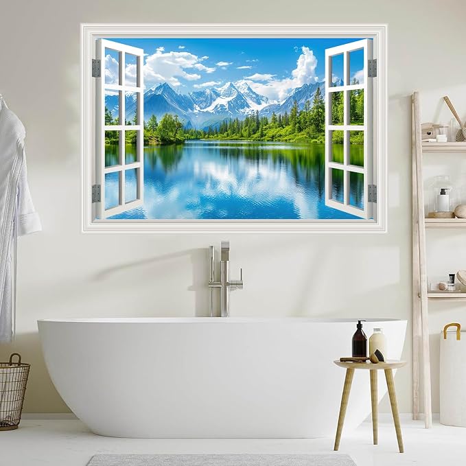 Large Murals 66"x48" Fake Window Wall Mural Sticker Mountain Lake Forest Tree Faux Window Wall Cling Art Picture Office Poster Decals Decor, Stick and Peel Landscape Natural Scenery Scene - Image 6